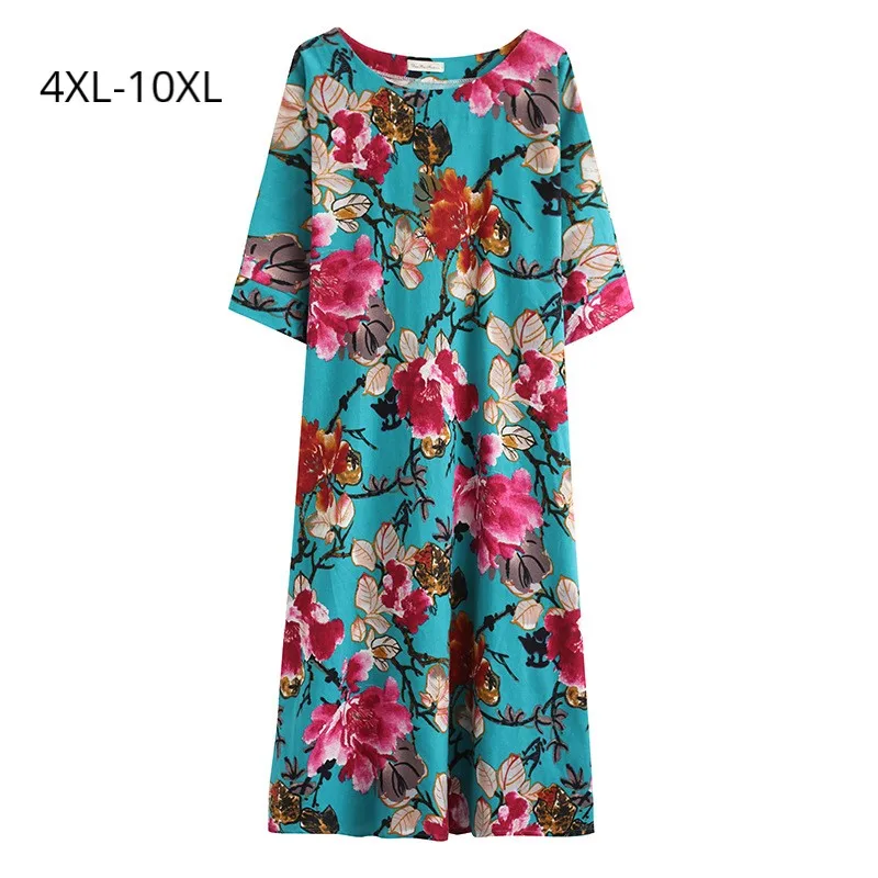 

Fashion Women Bohemian Style Maxi Dress Femme Floral Print Beach Dress Plus Size 10XL 9XL 8XL Women Short Sleeve Summer Dresses
