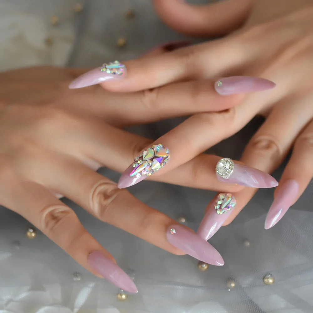 3D Роскошные ногти розовый мрамор удлиненные шпильки нажмите на ногти Lucky Running Bead Кристалл Пользовательские накладные ногти с клеем