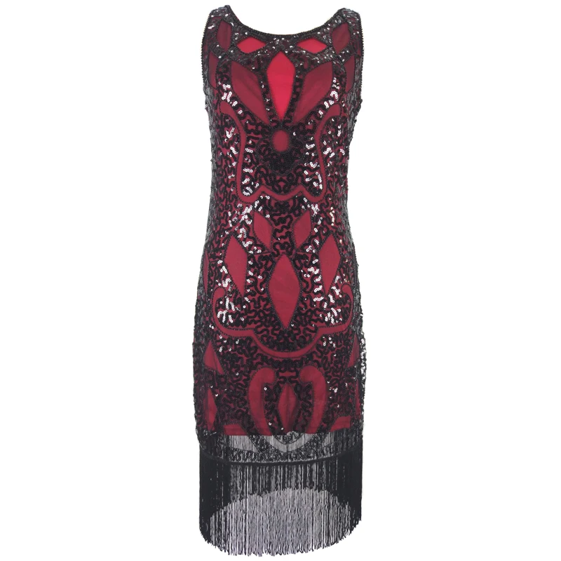 

Women's 1920s Art Deco Sequin Beaded Tank Flapper Dress Geometric Tassel Hem Gatsby Dress Midi Length Vestido Party Costume