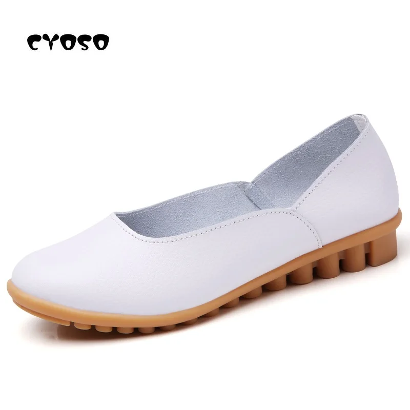 

CYOSO Genuine Leather Women Shoes Spring Slip on Office Lady Ballerina Flats Shoes Women Moccasins Boat White Zapatos Mujer