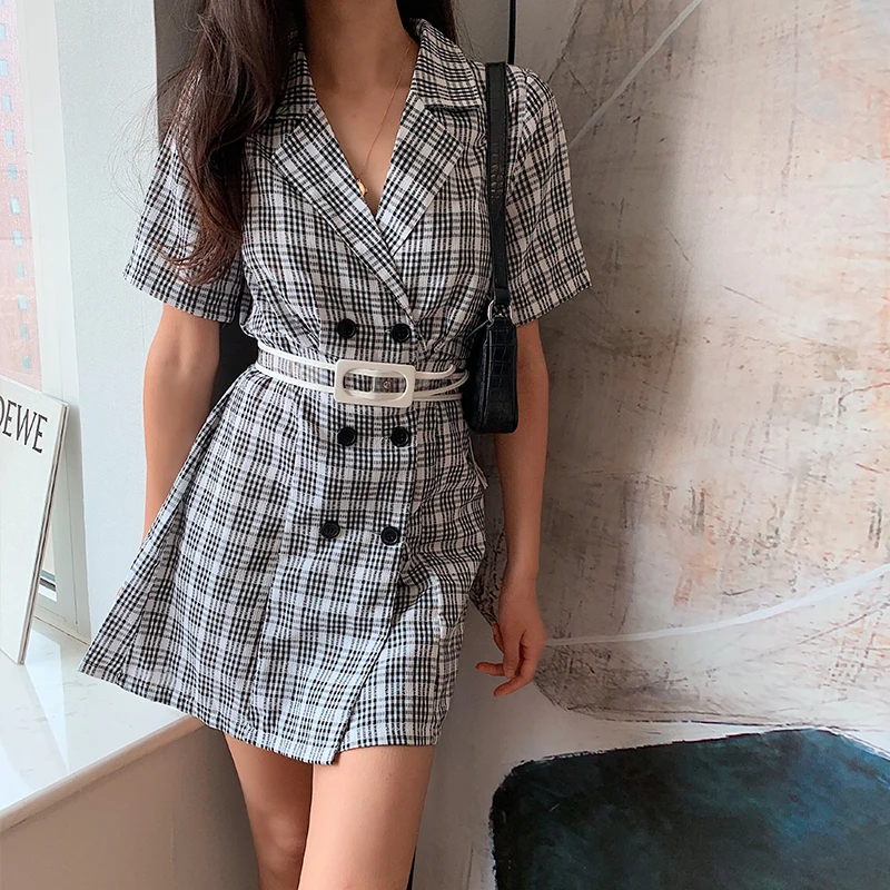 

Vintage elagant plaid blazer dress women office lady sashes mini shirt dress casual short dress turndown collar female dresses
