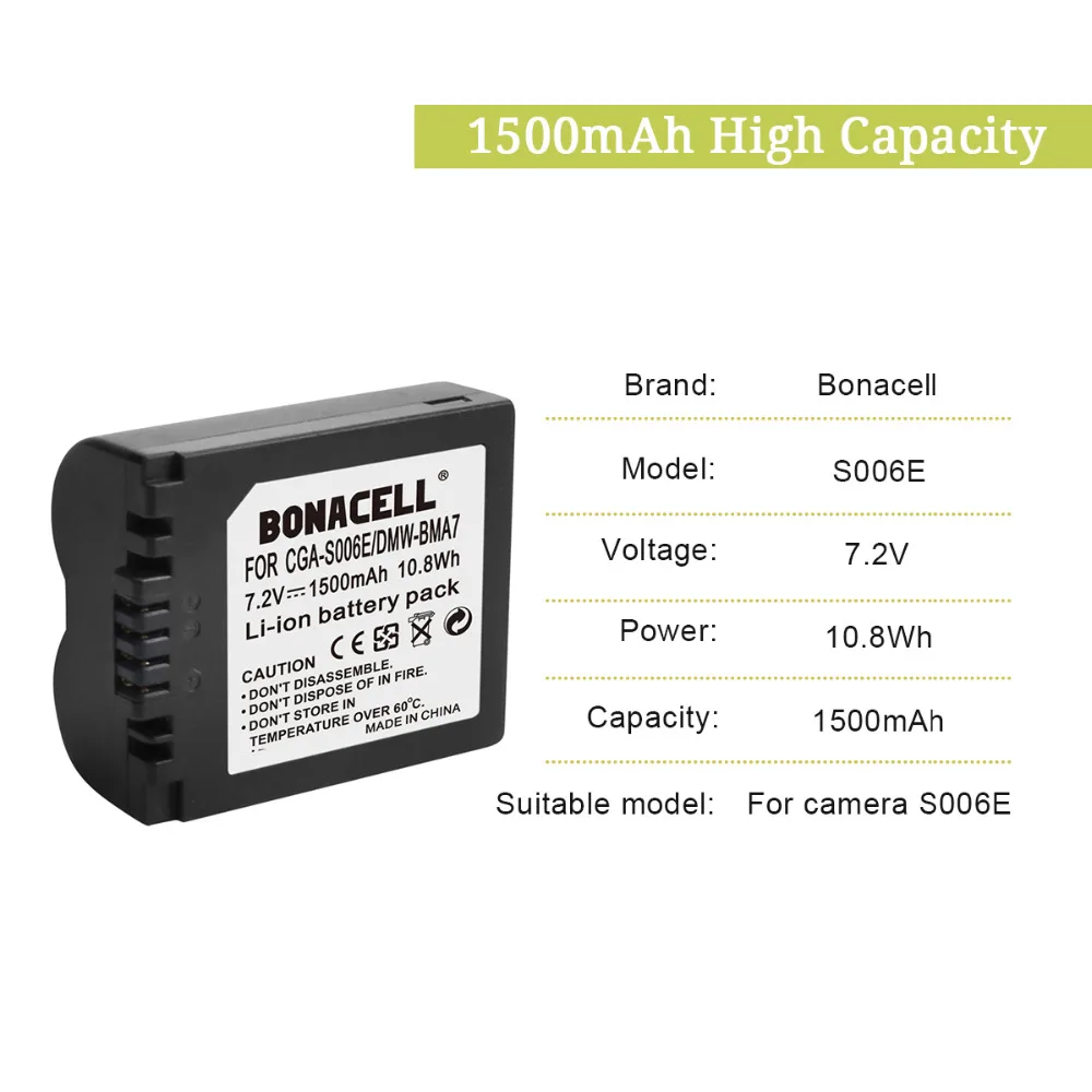 Bonacell 4 шт. S006 Батарея+ ЖК-дисплей Зарядное устройство для цифрового фотоаппарата Panasonic Lumix CGA-S006E DMW-BMA7 DMC-FZ50 FZ30 CGR-S006 CGR-S006A1B CGA-S006