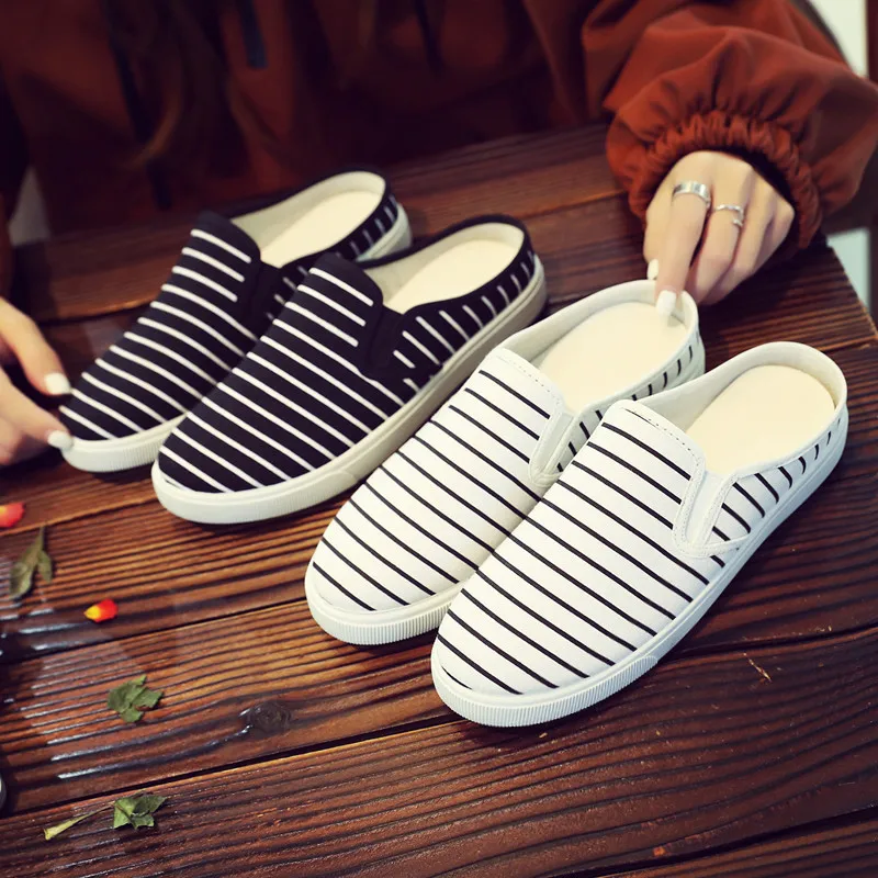 

Summer slippers canvas shoes women half drag no heel small white shoes flat with lazy shoes flat sandals