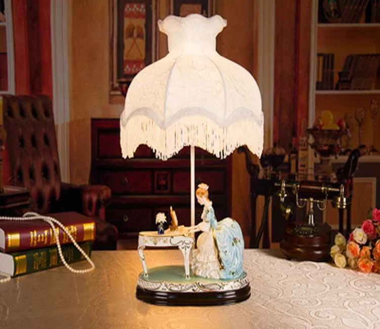  European Ceramics Lady playing piano Table Lights lover people figurine Study Room fabric lampshade - 32952573570