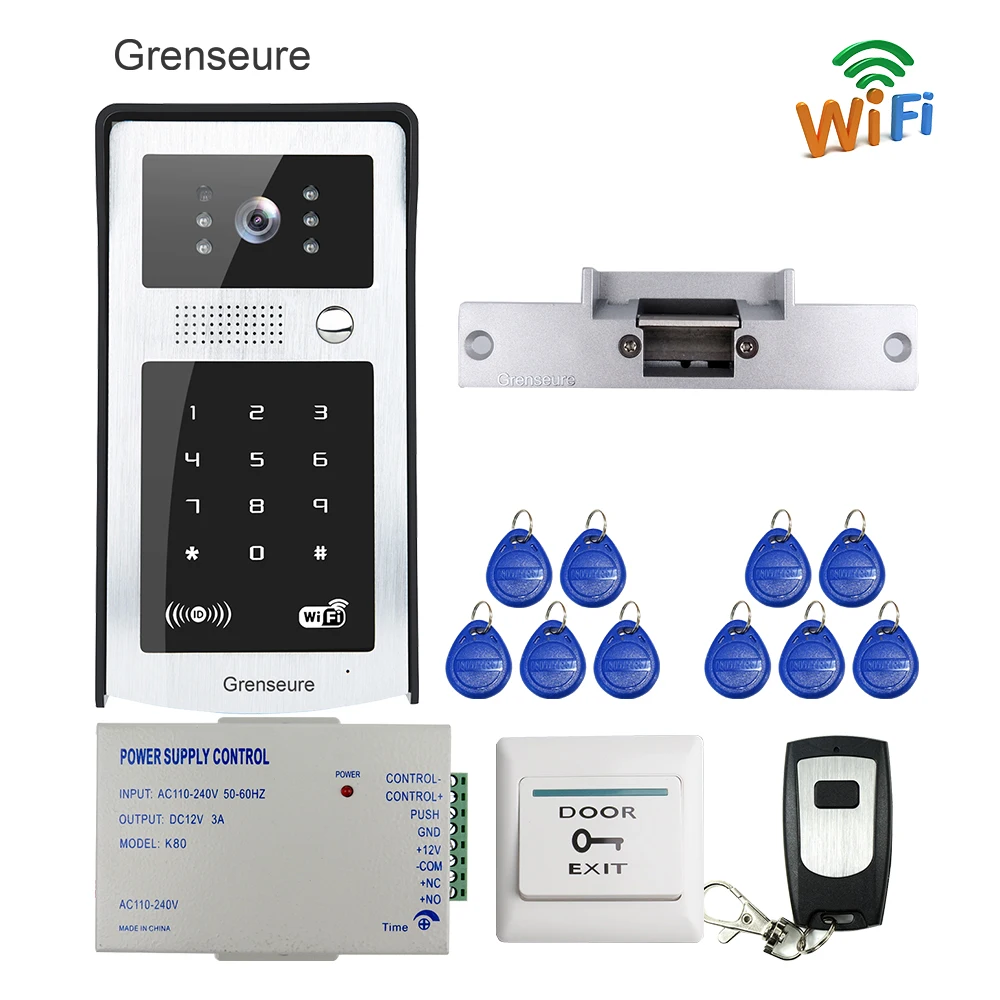 

Free Shipping New Wifi Video Door Phone Intercom Metal Outdoor Doorbell + RFID Code Keypad Access for Phone + Strike Door Lock