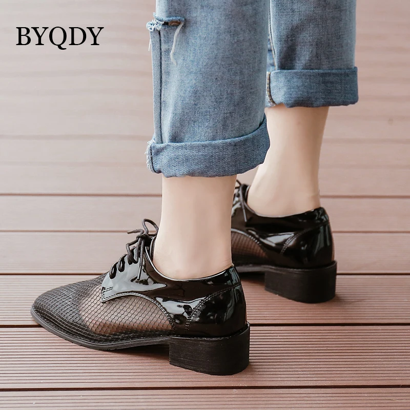 

BYQDY Fashion Patent Leather Mesh Pumps Woman Summer Shoes Black Mid Heel Shoes Evening Dress Shoe escarpins sexy hauts talons