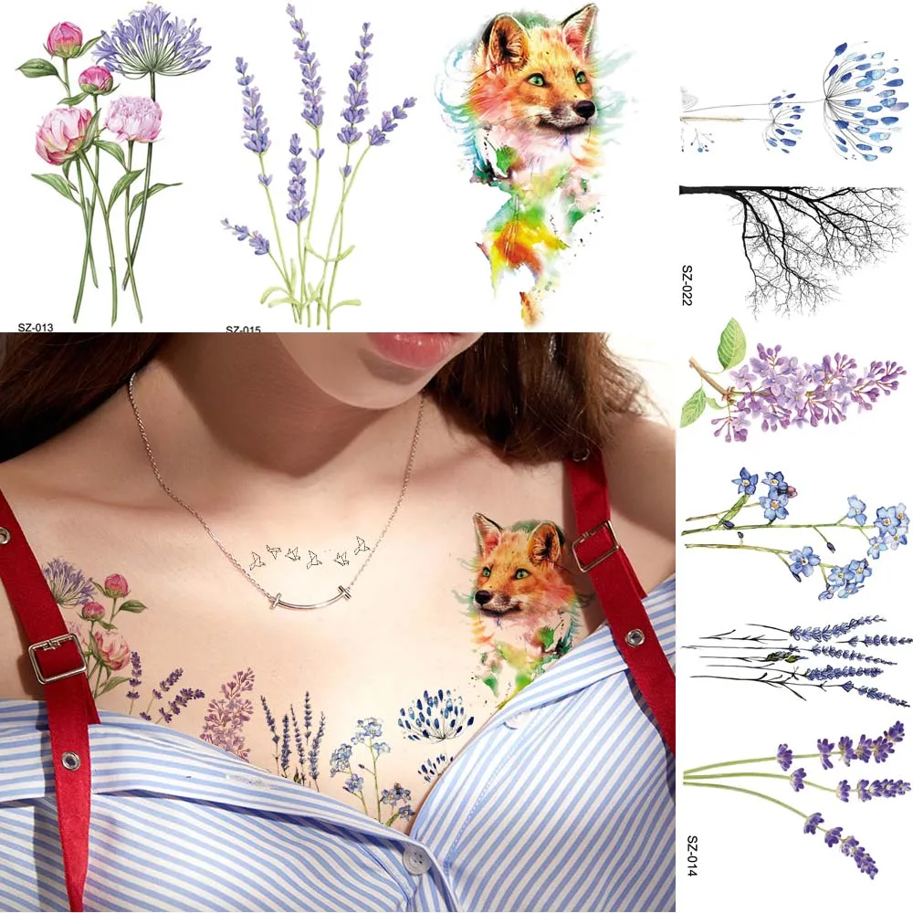 Акварельные цветочные Временные татуировки, наклейки для женщин, тела, груди, руки, вспышки, фальшивые татуировки, девушки, цветы, маленькие тростниковые татуировки, наклейка