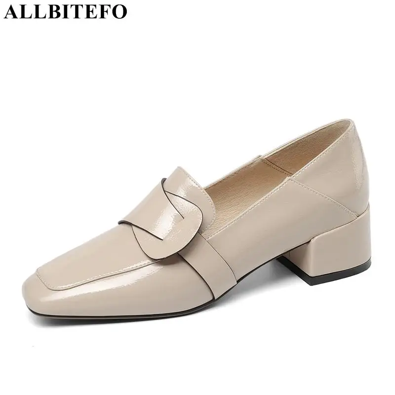 

ALLBITEFO full genuine leather square toe thick heel women shoes high quality women high heel shoes spring office ladies shoes