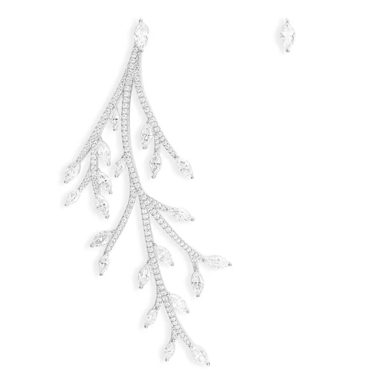 

SLJELY 925 Sterling Silver Asymmetric Festival Statement Tree Branch Leaf AB Earrings Micro Zirconia Stones Women Monaco Jewelry