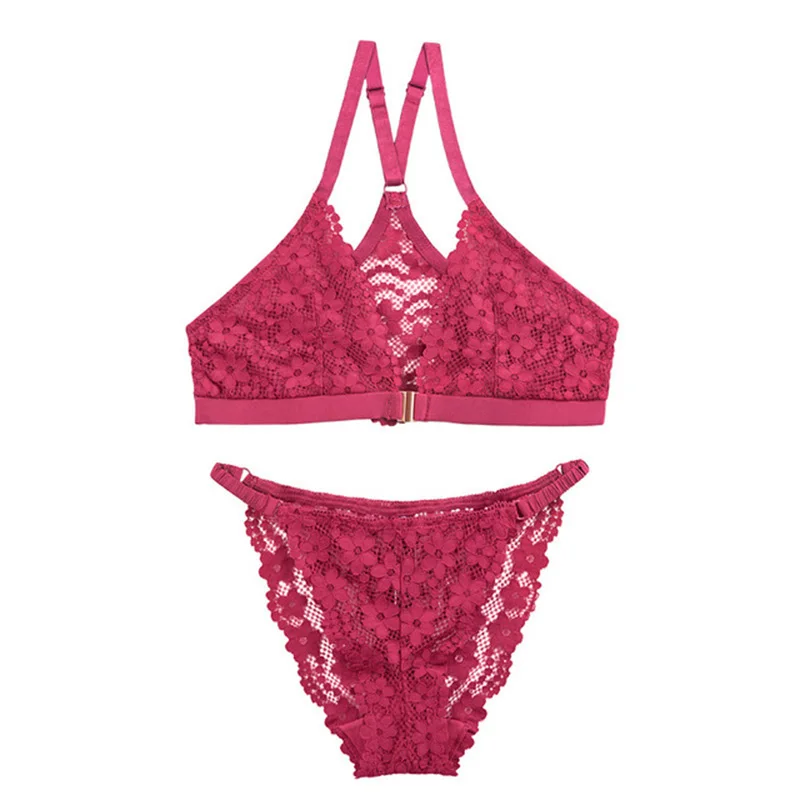 

Yhotmeng new sexy beauty back lace underwear ultra-thin no steel ring front buckle triangle cup girl bra set