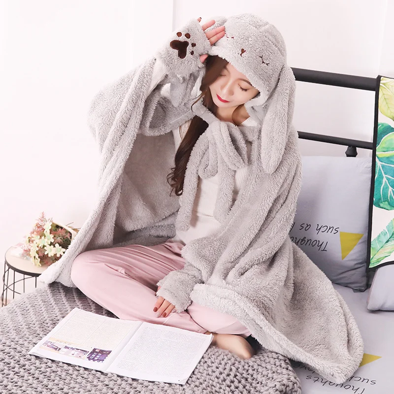 Dropshipping Plush Bunny Winter Hooded Cape Cloak Cartoon Animal Rabbit Coral Fleece Blankets Hoodie Warm Poncho Peluches