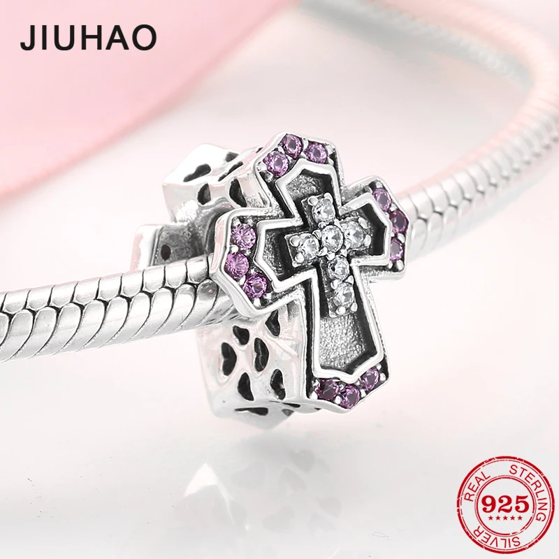 

Hot sale 925 Sterling Silver Pink CZ Cross Charms Beads Fit Original Pandora Bracelet Necklace Charms Jewelry making