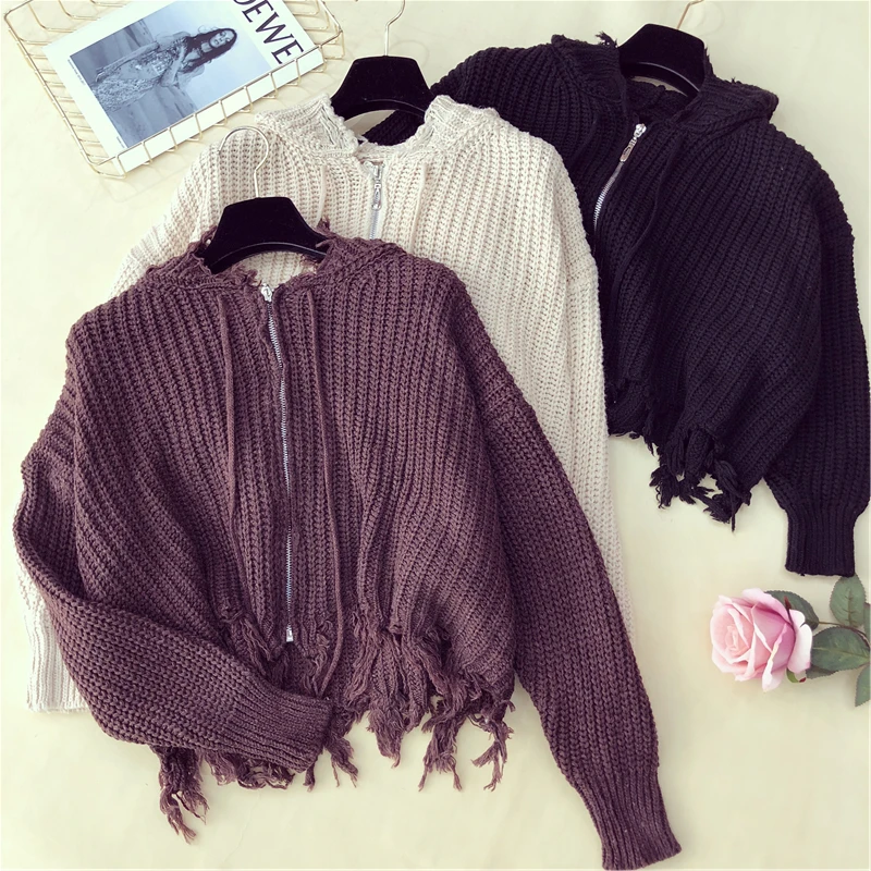 Women Solid Oversize Hooded Zipper Cardigan Sweaters Femme Tassel Zip Short Length Hole Loose Sweater 2019 Winter Knitwear Top |
