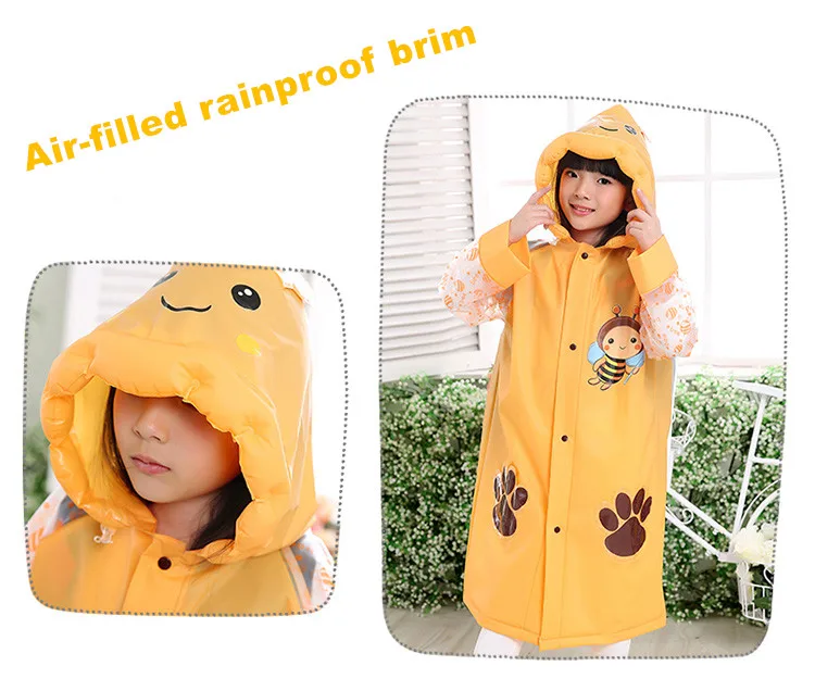 3.Waterproof kids raincoat with school bag Children's rain coat Inflated cap brim cute cartoon Long rain jacket