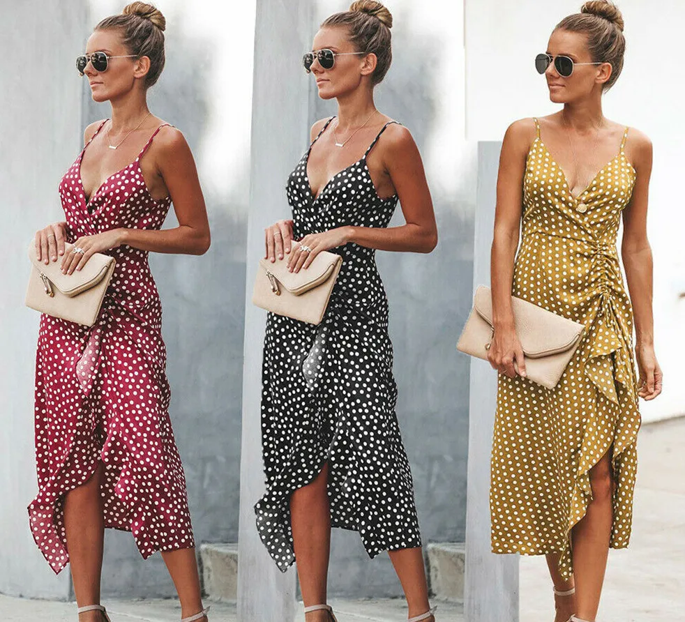 

Hirigin Womens Holiday V-neck Polka Dot Midi Dress Ladies Asymmetric Swallowtail Beach Dress