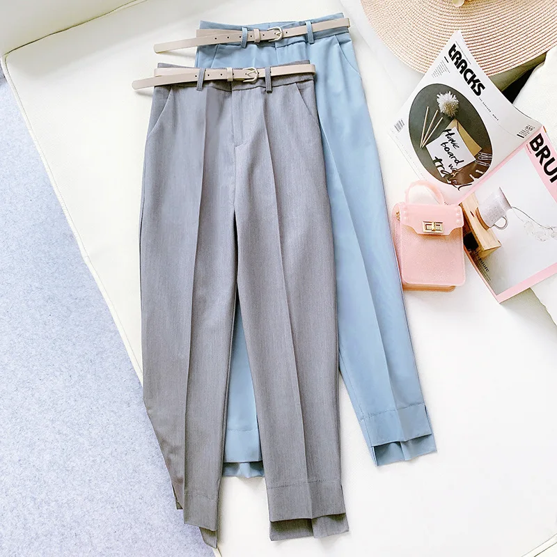 

Wasteheart Spring Women Fashion Gray Blue Long Slim Pants Formal Pants High Waist Ankle Length Female Flat Pants Sweatpants
