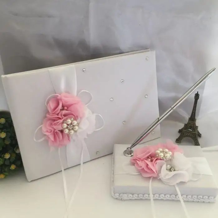 Белый атласный цветок Свадебная Гостевая книга подписывающая ручка набор с сладкой лентой бисер LXY9