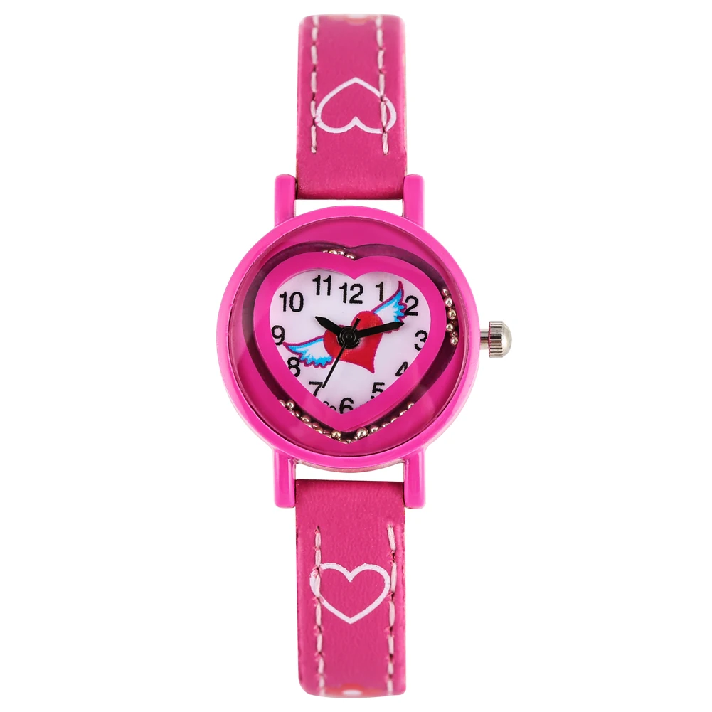 

Lovely Heart-shaped Pattern Dial with Quicksand Balls Watch for Kids Quartz Leather Band Strap Watches Gift for Children