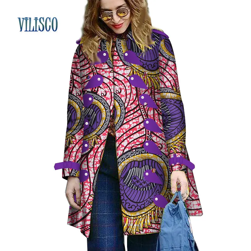 

African Trench Coat for Women Clothes Traditional African Print Water Drop Patch Designs Pearl Trench Bazin Clothing WY2753