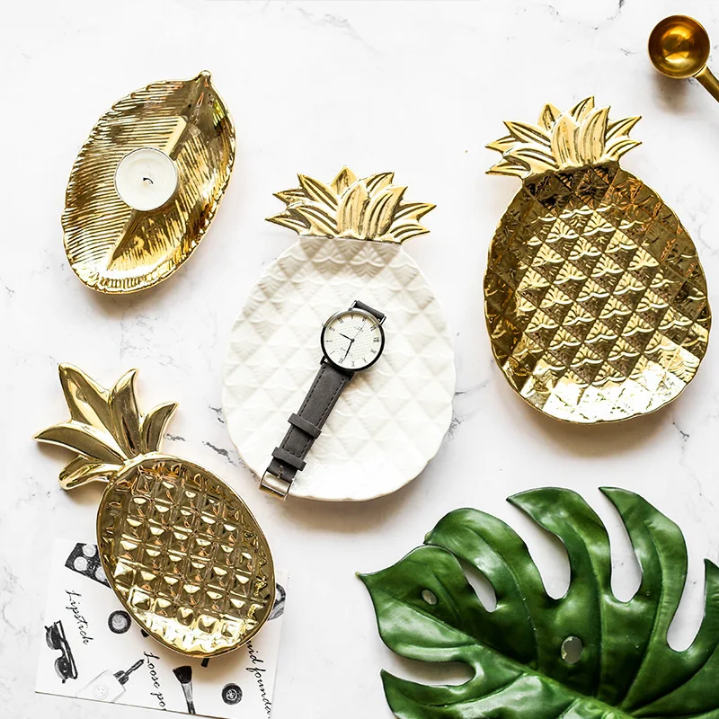 Золотой декоративный лист ананаса, керамическая тарелка с зарядным устройством, фарфоровая конфетная безделушка, тарелка для хранения ювелирных изделий, посуда, посуда