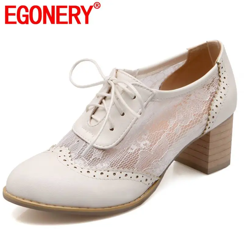 

EGONERY offcie work lady pumps breathable bud mesh yarn spring fashion girl white 5.5cm med heels woman shoes plus size 34-43