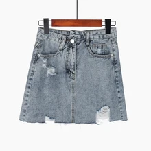 Summer Denim Skirt Women Vintage High Waist Jean Skirt Slim Pocket Elegant Ripped Hole Blue Skirts lace insert ripped denim skirt