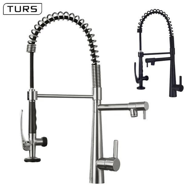 Special Offers Deck Mounted Hot and Cold Water Brass Kitchen Faucet Nickel Brushed/Black Spring Pull Down Dual Spray Spout Kitchen Mixer Tap