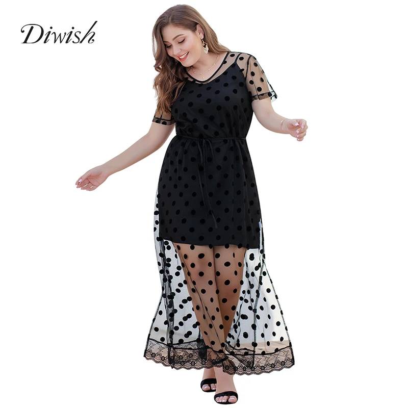 

Diwish Women Mesh Dress Short Sleeve Ladies Polka Dot Dress Black V Neck Summer Dresses Holiday Casual Dress Plus Size XL-4XL