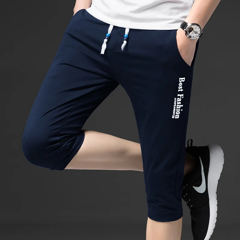 Летние Стильные мужские повседневные брюки, обтягивающие штаны для бега, мужские повседневные тонкие Укороченные спортивные штаны, Мужские Молодежные хлопковые брюки для мальчиков ABZ4 - Цвет: navy
