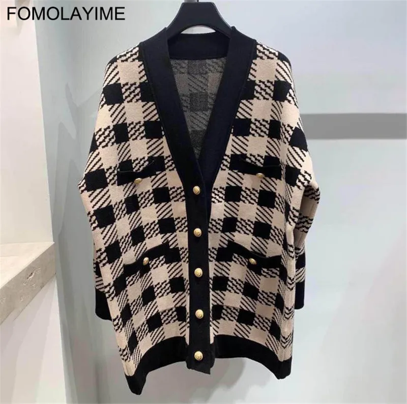 

FOMOLAYIME Autumn Cardigans Coats 2019 High Quality Women Autumn Winter Plaid Loose Cardigans Sweaters