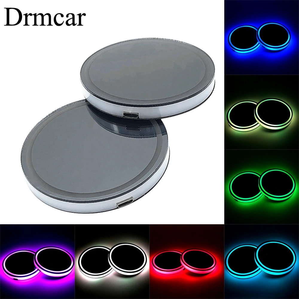  2Pcs Universal Led Car Cup Holder Bottom Pad LED Light Cover Trim Atmosphere Lamp Lights Anti-slip  - 33005538763