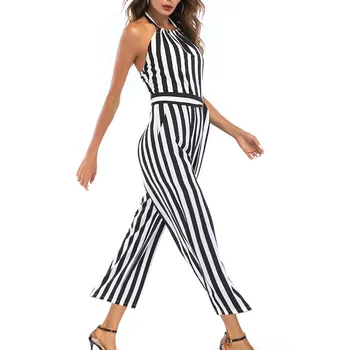 

Women Casual Striped Sashes High Waist Jumpsuit Summer Backless Halter Plus Size Rompers