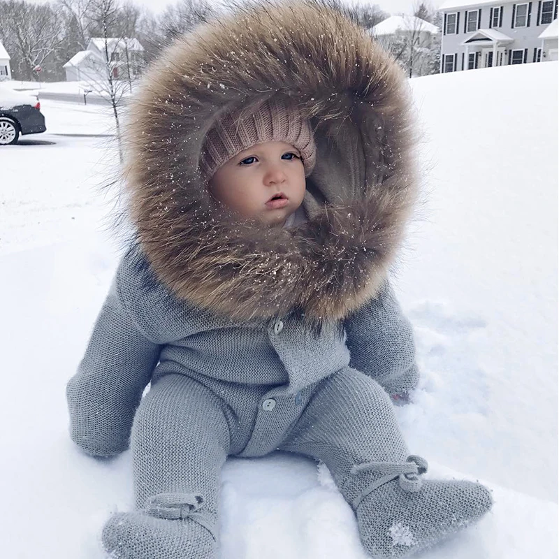 Nickxxxblog Vente Bebe De Luxe Tricote Raton Laveur Col Fourrure Combinaisons A Capuche Fille Vetements D Hiver Bebe Barboteuses Garcons Filles Infantile Onesie Vintage Pas Cher Prix