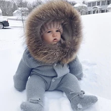 Macacão infantil de malha para bebês, luxuoso, gola de pelo de racoon, roupas com capuz para meninas e meninos, macacão infantil, vintage
