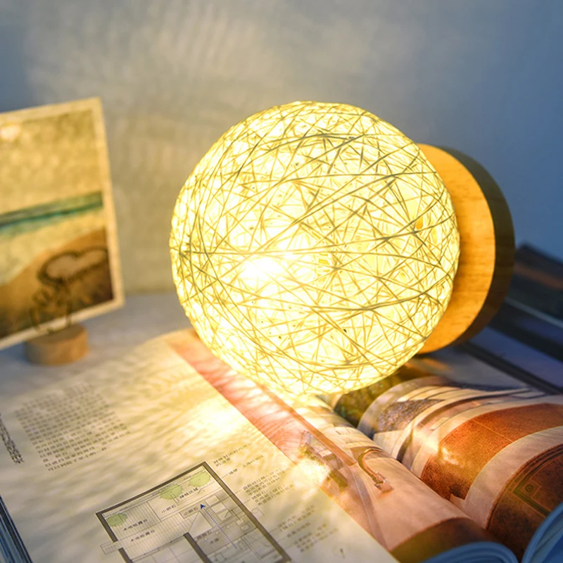 

Creative party bedroom night light table lamp led hemp rattan ball light birthday gift solid wood bed night light props