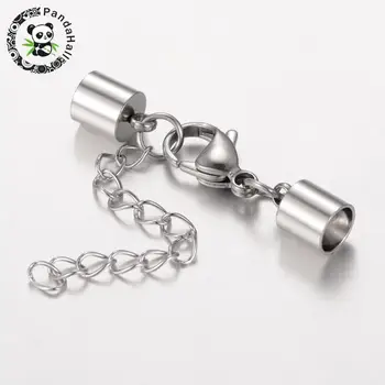 

304 Stainless Steel Lobster Claw Clasps with Cord End, Stainless Steel Color, 42mm,clasp: 15x9x4mm, cord end: 10x7mm, inner: 5mm