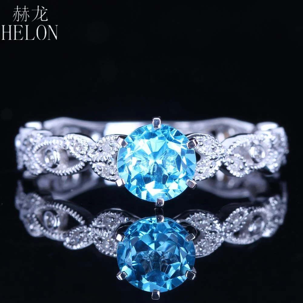 HELON 925 серебро 6,5 мм круглый синий топаз драгоценный камень кольцо натуральный SI/H Алмазный обручальное кольцо уникальные старинные ювелирные украшения