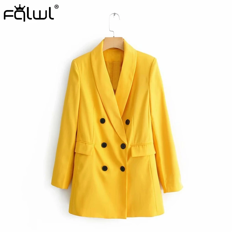 FQLWL Повседневный желтый сексуальный Блейзер, женский двубортный элегантный блейзер с v-образным вырезом, Женский офисный пиджак, верхняя одежда, топы