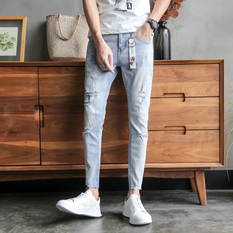 

Hot Sale Biker Jeans Men Korean Slim Fit Jeans Stretch Men Clothes 2019 Fashion Ripped Jeans Men Denim Pants Ankle Length 34-28