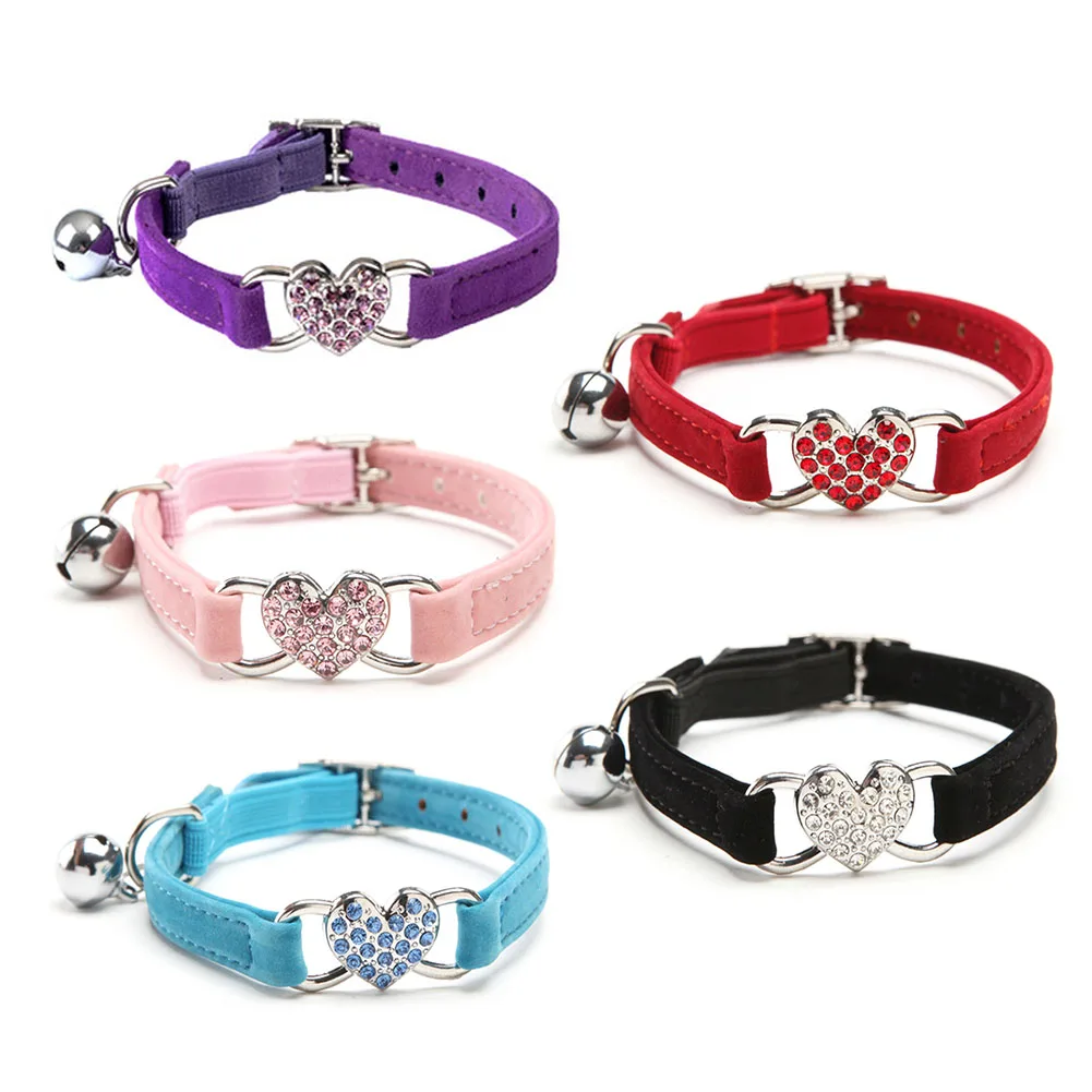 

Heart Charm And Bell Cat Collar Safety Elastic Adjustable With Soft Velvet Material 5 Colors Pet Product Small Dog Collar