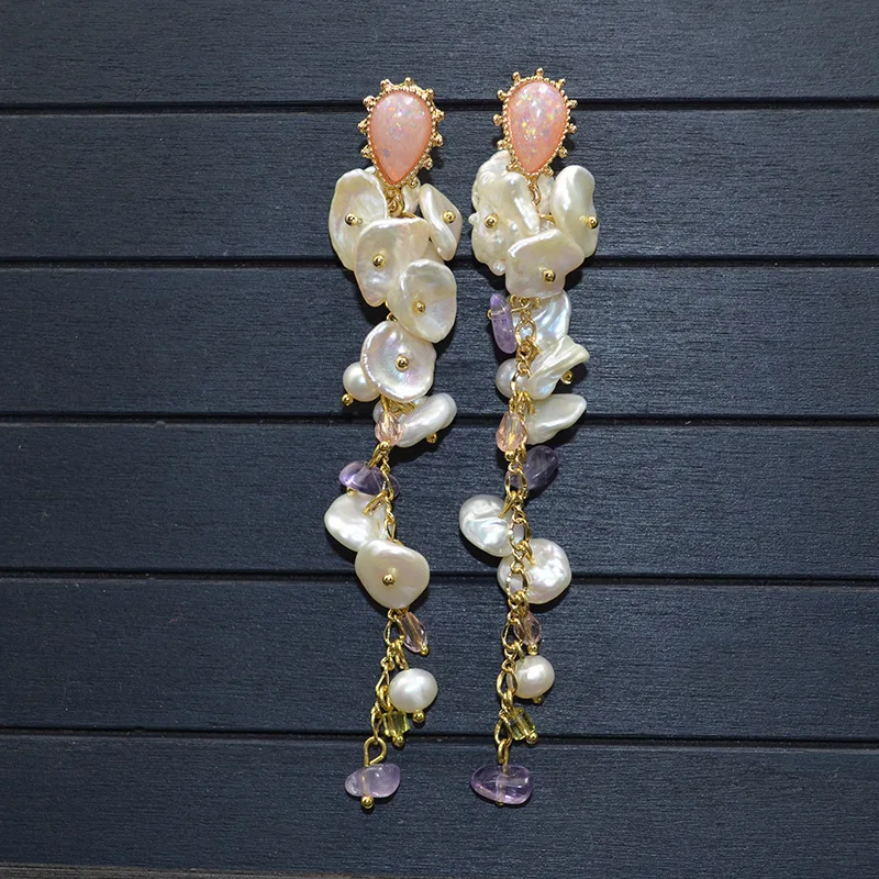 

Nail Opal Natural Special-shaped Pearl Flower Pieces Earrings Female Water Drill Long-style Liushu Earrings Wholesale