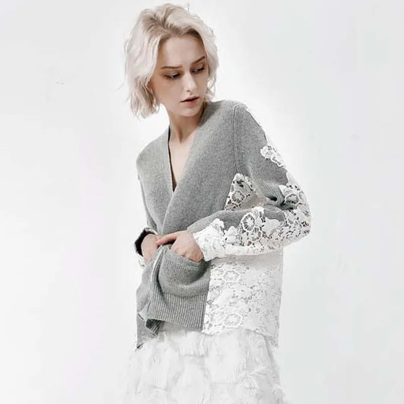 

European Solid Lace Knite Spliced Coat Female Sexy & Club Hollow Out Short Jacket Women Clothes Single Breasted Sweater C60