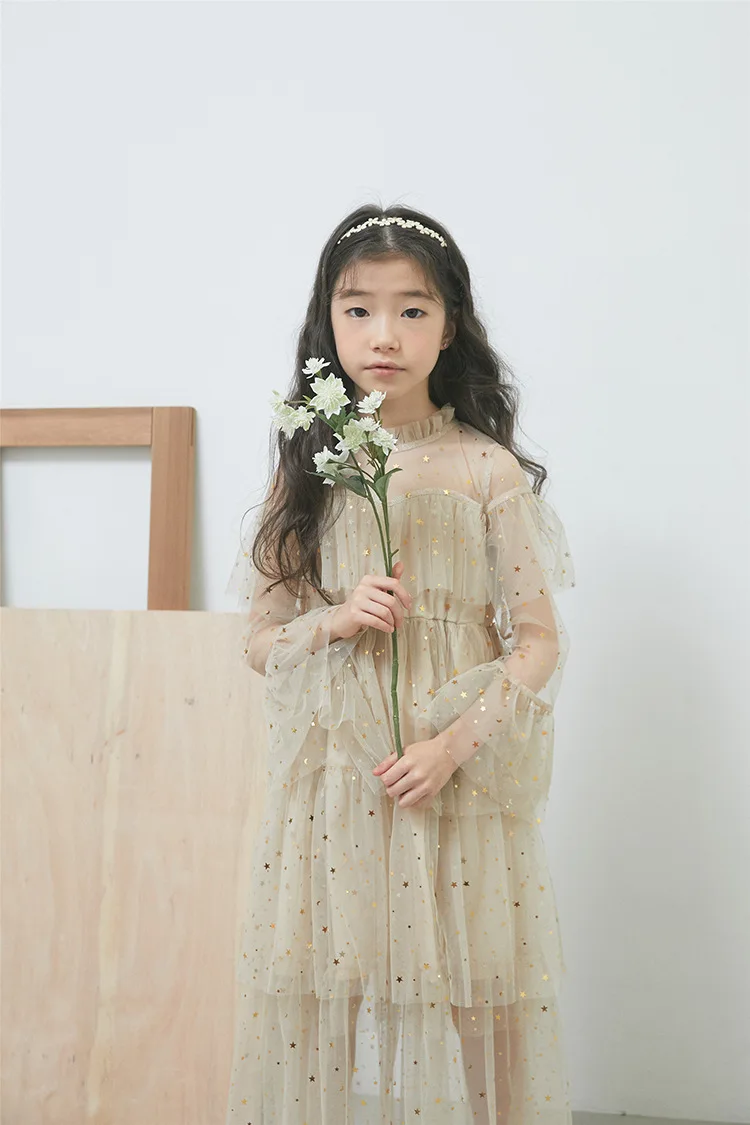 Новинка года, осенне-летнее Сетчатое платье со звездами для девочек платье принцессы для маленьких девочек красивое платье с оборками для мамы и дочки#3995