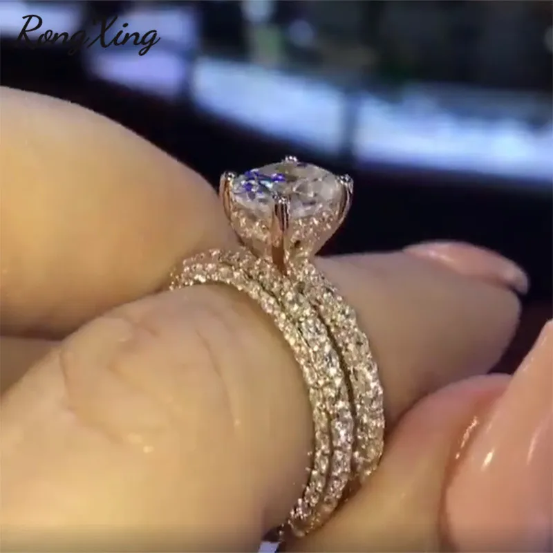 

RongXing Oval/Round White Zircon Engagement Ring Set 925 Silver/Rose Gold Filled CZ Stone Wedding Rings for Women Bridal Jewelry
