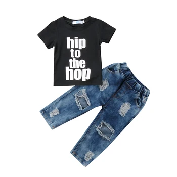 

2018 Toddler Kids Boys Clothes Black T Shirts Top+Denim Pants Ripped Jeans Outfits Set Children Clothes