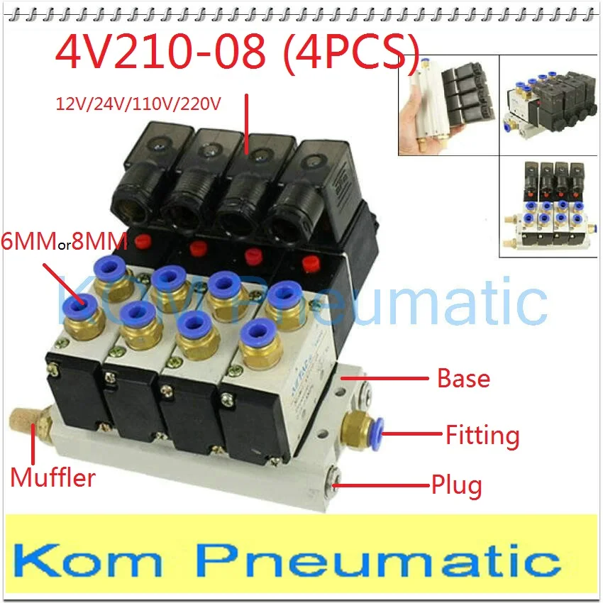 4V210 08 X4 2 Position 5 Way Quadruple Solenoid Valve Set Connected