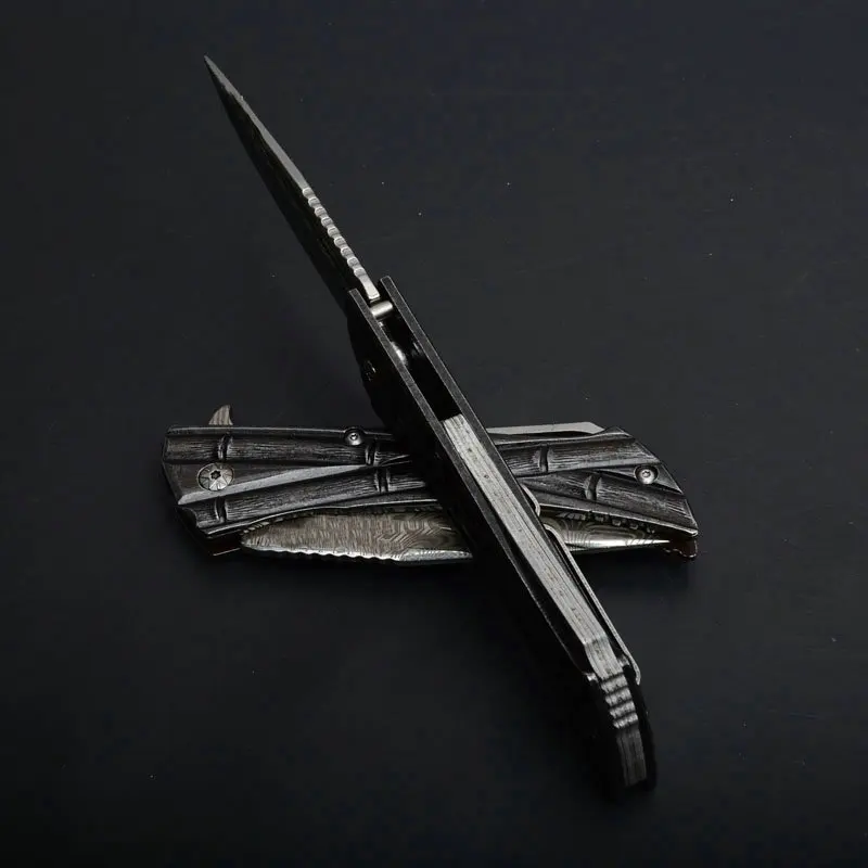 microtech bamboo tactical folding knife damascus pattern blade rescue edc tools (7)