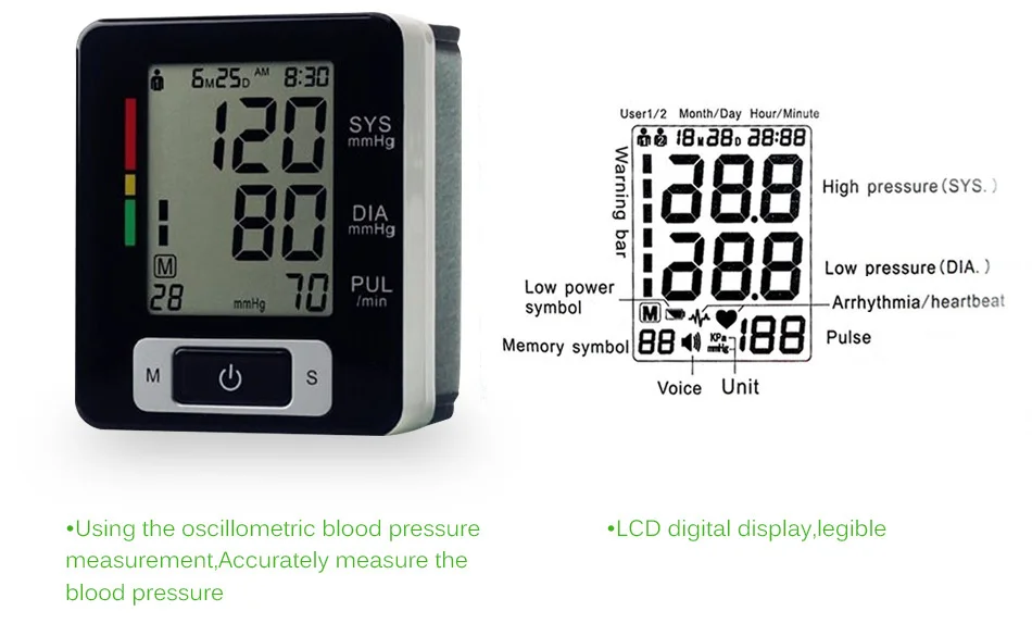ЖК-дисплей, автоматический цифровой наручный манжет, монитор артериального давления, пульсометр, тонометр, Сфигмоманометры