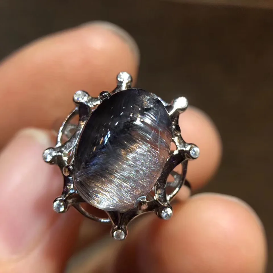 

12.3x9mm Natural Brookite Platinum Silver Rutilated Quartz Ring 925 Silver Metal Woman Man Crystal Adjustable Size Ring AAAAA