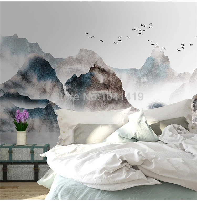 Пользовательские самоклеющиеся водонепроницаемый холст Настенные обои 3D китайский стиль чернила настенный стикер с пейзажем Гостиная Кабинет обои